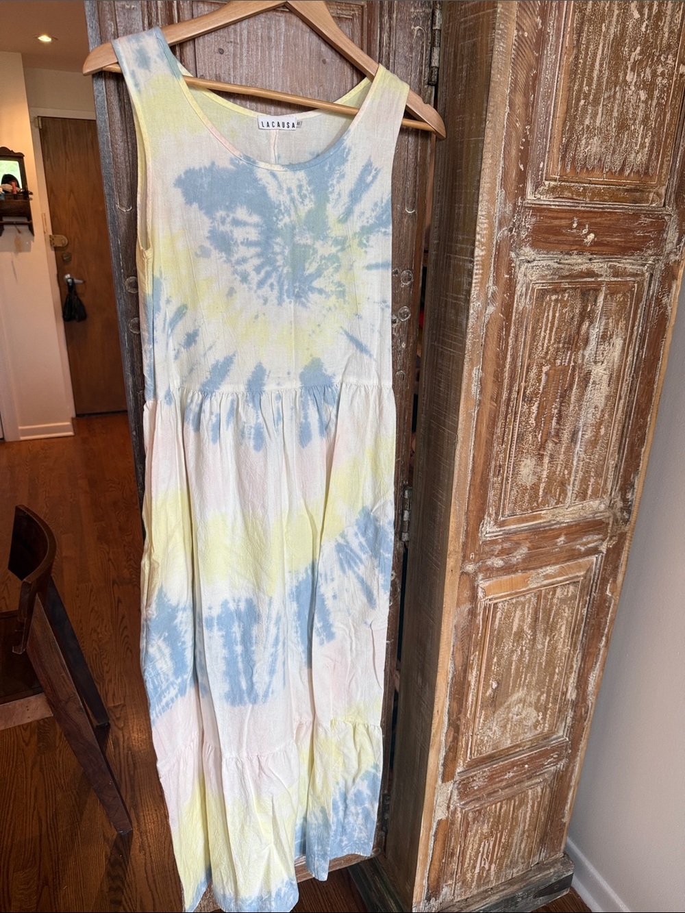 LACAUSA Pastel Blue & Yellow Tie-Dye Sleeveless Maxi Dress